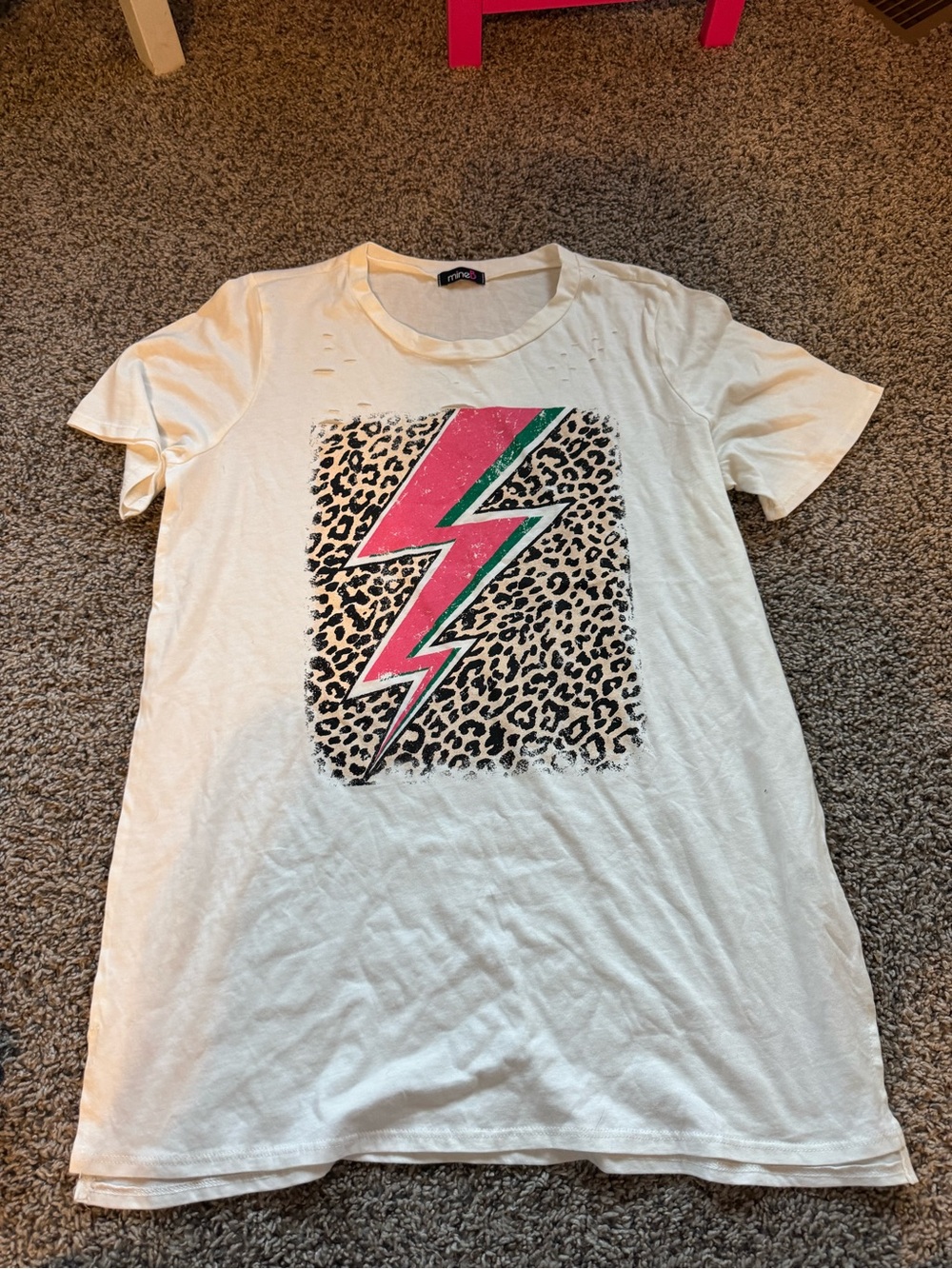 Womens White Graphic Tee with Pink Lightning & Leopard Print